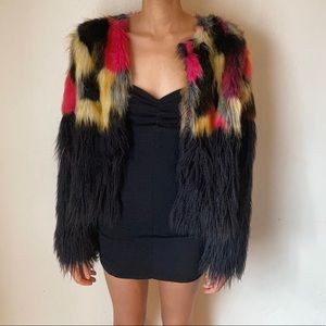 Color-Blocked Black Shaggy Faux Fur Coat